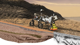 Visualisering av roveren Perseverance som tøffer rundt på Mars.