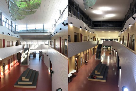 Foajeen i Fagereng skole i Tromsø med dagslys om sommeren (t.v.) og med kunstig lys om vinteren (t.h). 