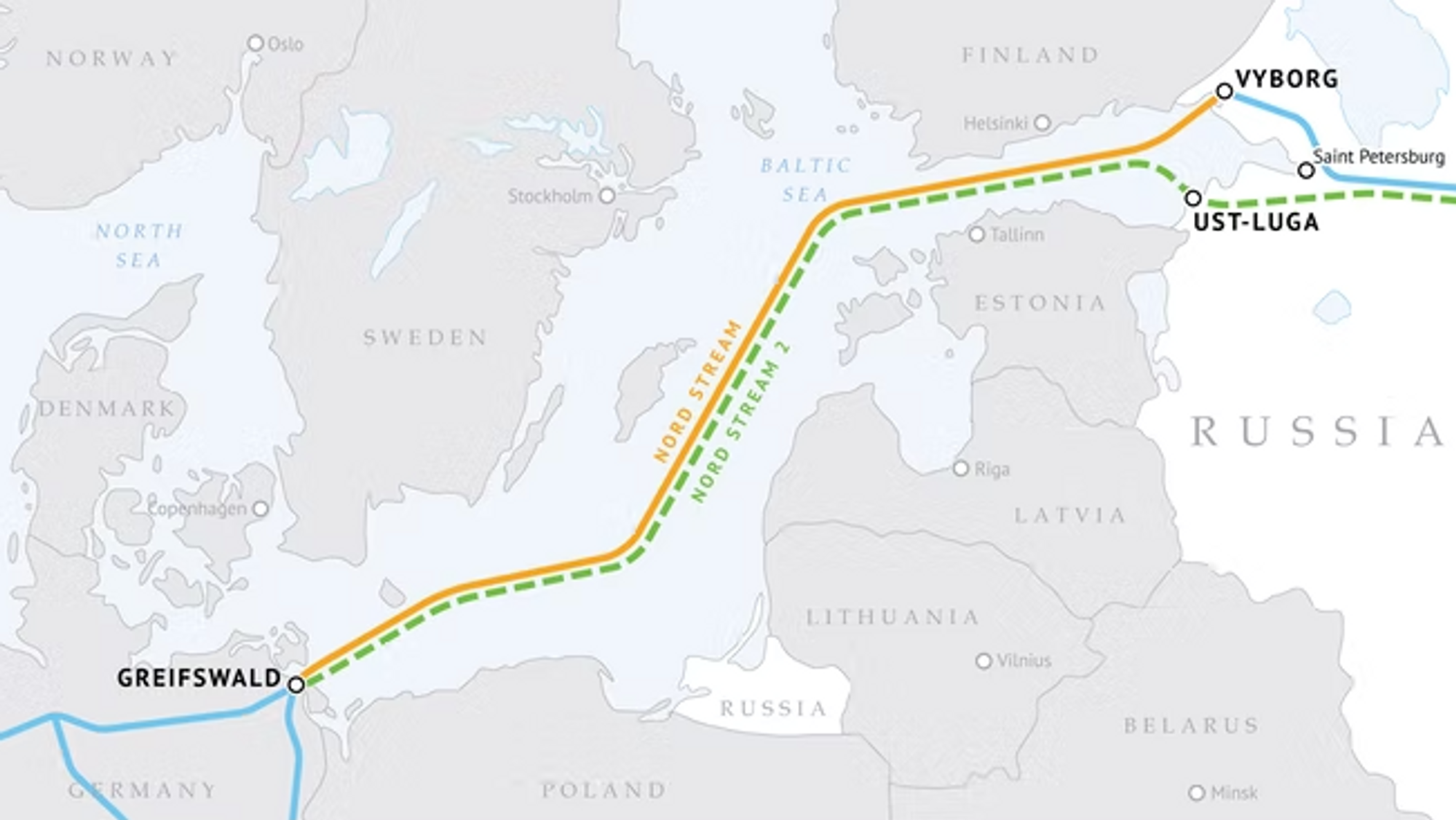 Dette er trassen for Nord Stream 1 og 2. Nord Stream 2 kom ikke i drift pga. krigen i Ukraina. 