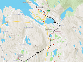 Trasé for den nye linjen på Bybanen til Fyllingsdalen i Bergen. Byens andre bybane-linje går fra sentrum til Flesland lufthavn, også den i sør. Nå planlegges også en tredje linje over bryggen til Åsane i Nord.