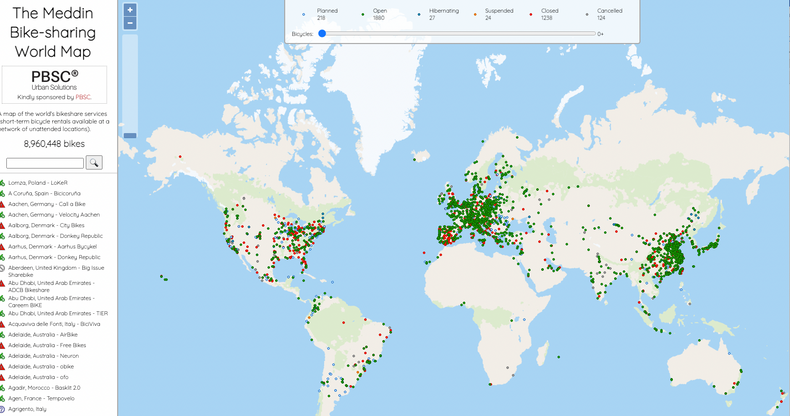 Meddin Bike-sharing World Map er et søkbart kart over sykkeldelingstjenester i verden. Databasen inneholder mer enn 3000 ulike tjenester med nesten 9 millioner sykler, flesteparten i Europa, Asia og USA.
