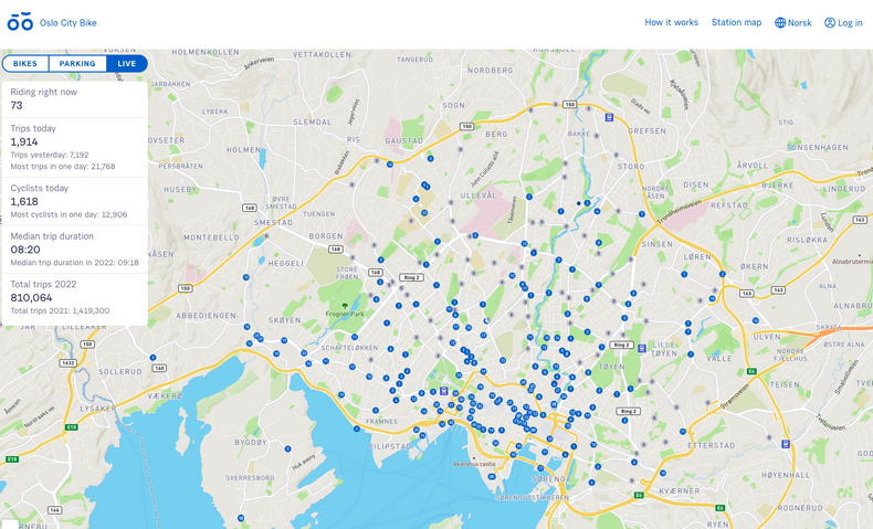 Kartet fra Oslo City Bike. Dette viser parkeringsstasjoner og hvor mange sykler som er på hvert sted. Forskerne brukte ekte data fra Oslo City Bikes for å teste ut optimaliseringsmodellen.