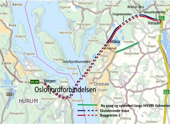 Illustrasjonskart over Oslofjordforbindelsen. Eksisterende trasé i blått, ny trasé i rødt. Oslofjordtunnelen (E134) kommer opp i dagen ved Måna i gamle Akershus fylke.