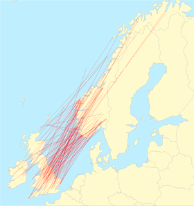 Kart som streker opp veien til ringmerkede rødvingetrost mellom Storbritannia og Norge.