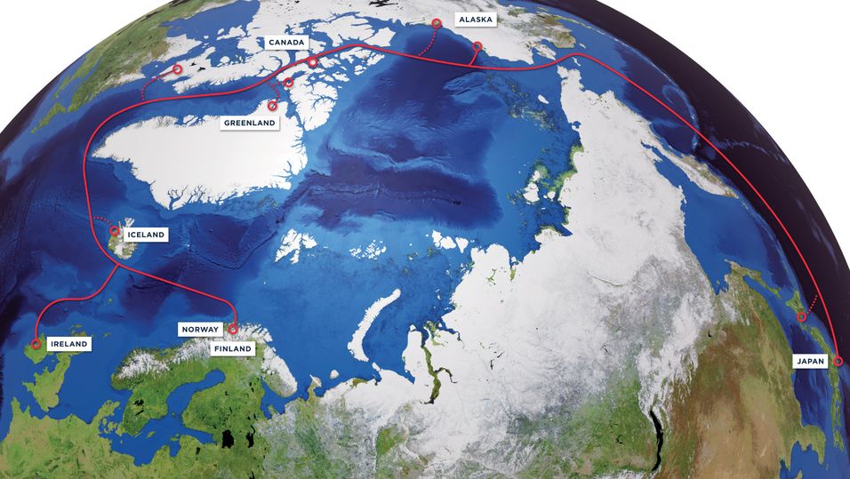 Tre selskaper fra Japan, USA og Finland planlegger en undersjøisk fiberkabel fra Japan via Nordvest-passasjen til Irland og Norge. Som bildet indikerer, åpnes det for avstikkere til Island, Grønland og flere steder i Nord-Amerika. 