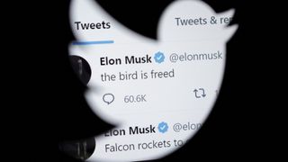 Bilde av Elon Musk tvitring med teksten «The bird is feed», sett gjennom en Twitter-logo.