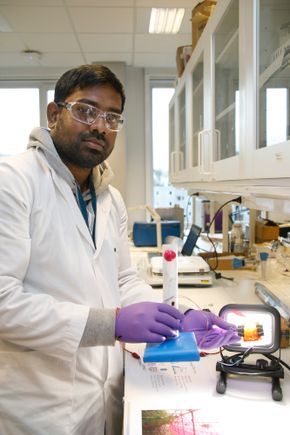 Doktorgradsstudent Rajaramanan Tharmakularasa demonstrerer at et halvledende glass, dekket med en fotokatalytisk film (som gjør at glasset ser ut til å trenge en vask), kan produsere strøm ved hjelp av lys. Dette kan i prinsippet også brukes til å produsere hydrogen. 