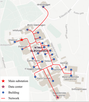 I et forenklet kart over Gløshaugen viser forskerne hvordan datasenteret (blå stjerne nederst) og campus-nettverket for fjernvarme med de forskjellige bygningene er koblet sammen med kommunens fjernvarmenettstasjon (rød stjerne øverst til venstre).