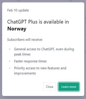 Skjermbilde fra ChatGPT, med teksten ChatGPT Plus is available in Norway.