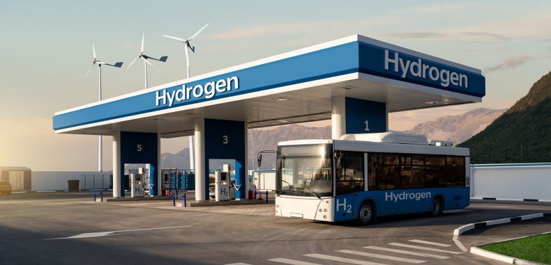 Illustrasjon ac hydrogentankestasjon med buss.