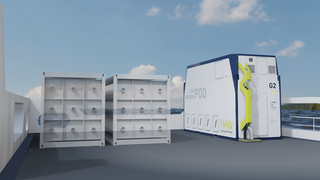 Containeren til høyre, kalt Zero Emission Pod , innehold er et komplett system med brenselceller (200 kW - maks 1 MW) samt ventilasjon, kjøling, sikkerhetssystemer, kontrollsystem, DC/DC-drives, drivstoffdistribusjonssystem og andre tekniske installasjoner.