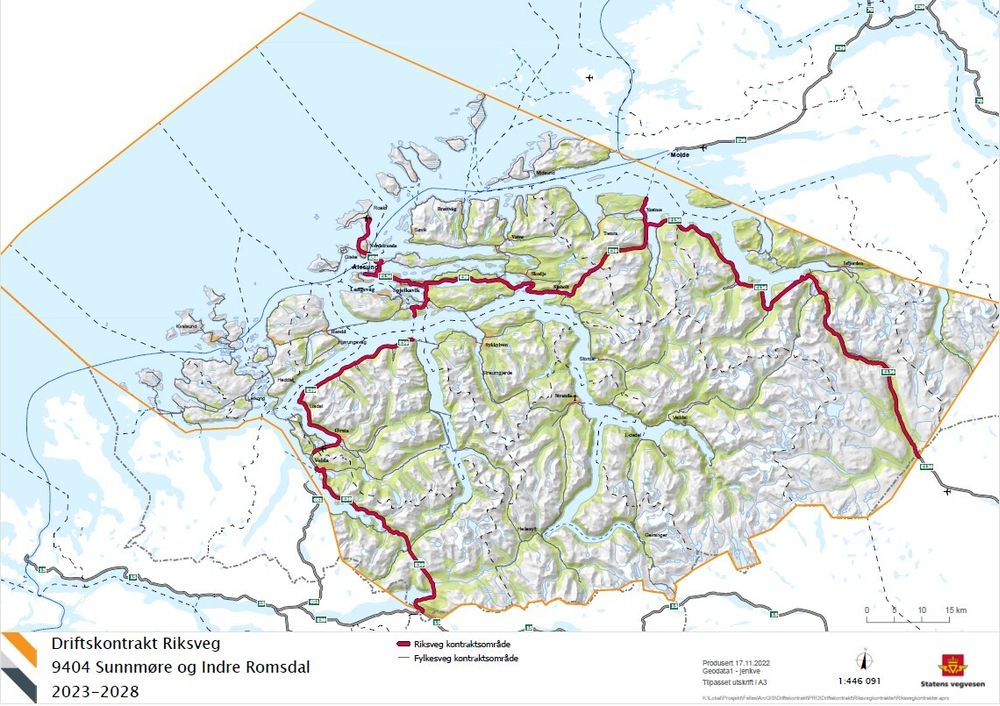 Driftskontrakten omfatter 360 kilometer med riksvei i Volda, Ørsta, Sula, Ålesund, Giske, Vestnes, Rauma, Lesja og Dovre.