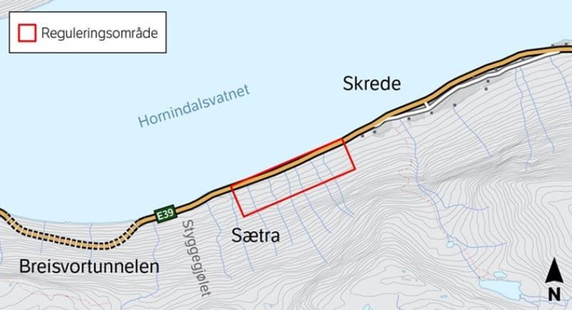Dette området ved Skrede skal rassikres. Men først må en entreprenør bygge et riggområde.