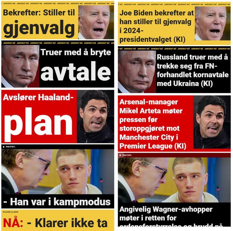 Skjermbilder av Dagbladets forside tirsdag ettermiddag til venstre, nettlesertilleggets versjon til høyre. 