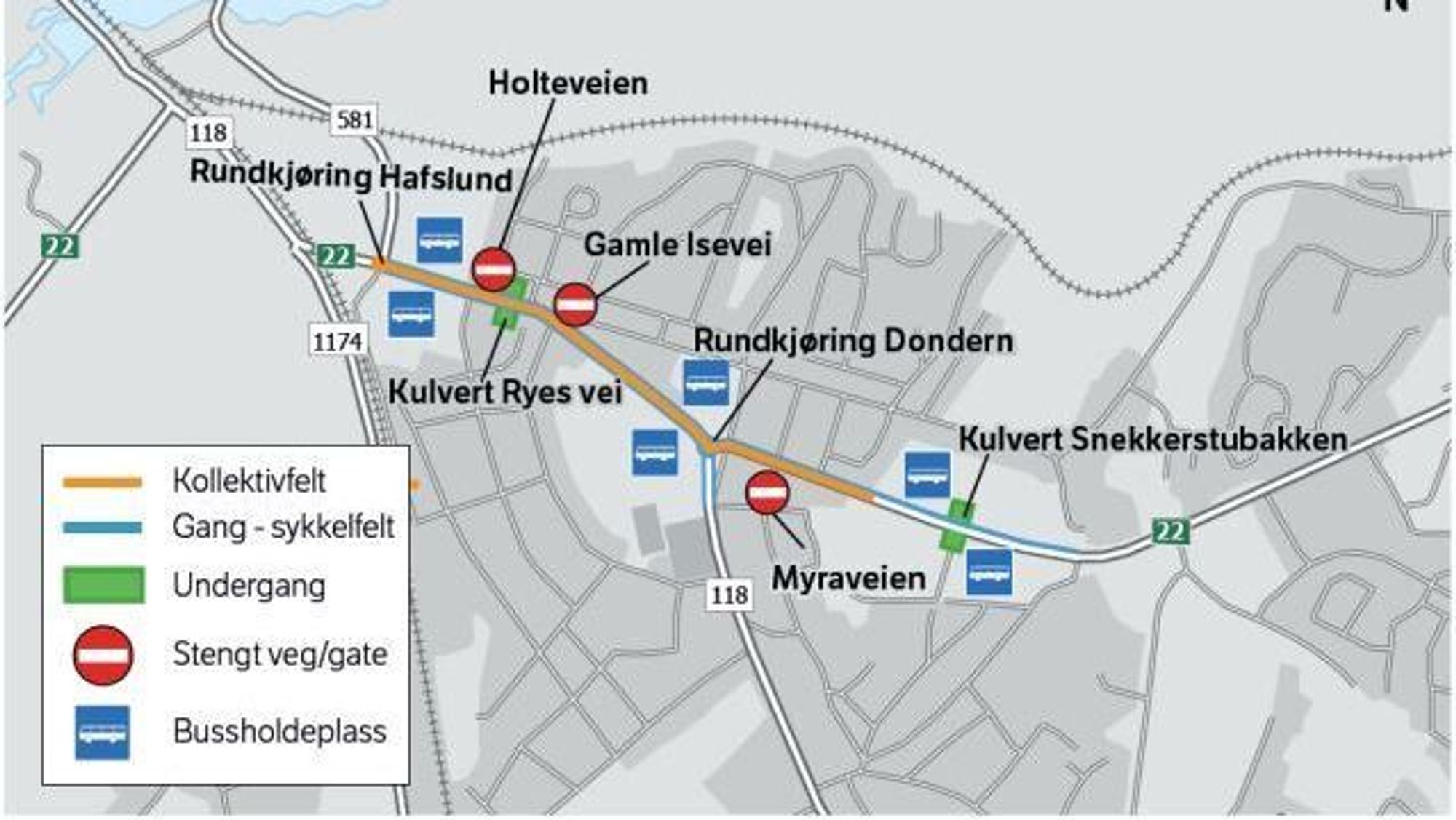 Kart over den planlagte utbyggingen Hafslund-Dondern på riksvei 22. 