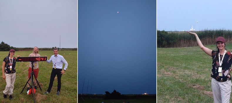 Maren Lithun ved instrumentlaboratoriet fulgte oppskytingen av m-NLP. Til venstre er hun sammen med Ivar Egeland fra Eidel a.s. og Wolfgang Duerr, Airbus Defence and Space GmbH.