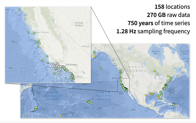 A map of the location of the 150 buoys off the US coast that collected wave data around the clock.