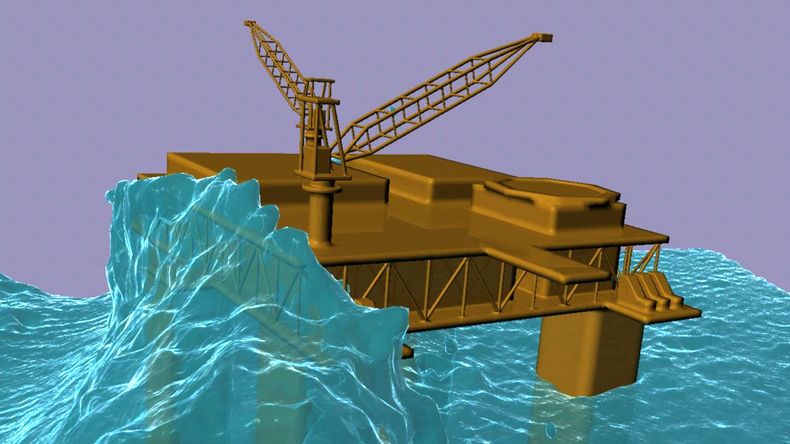 Illustration of a large wave hitting an oil platform.